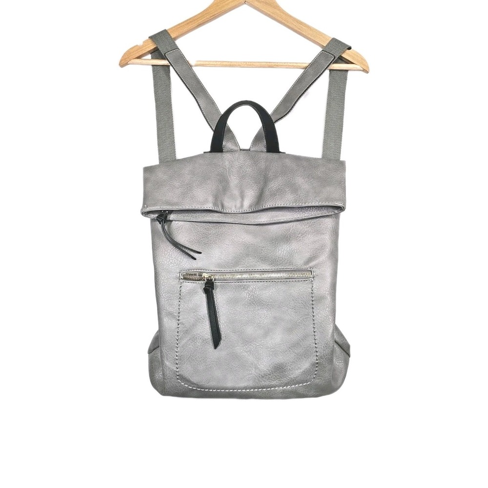 Grey Faux Leather Fold Over Bucket Shoulder Convertible Backpack Purse 6 Pocket - Picture 3 of 10
